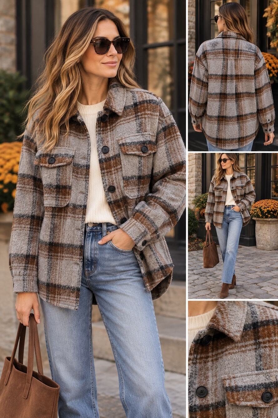 Cabincore Cozy Plaid Shacket Oversized Vero Moda Dawn Check Jacket Brown Gray S